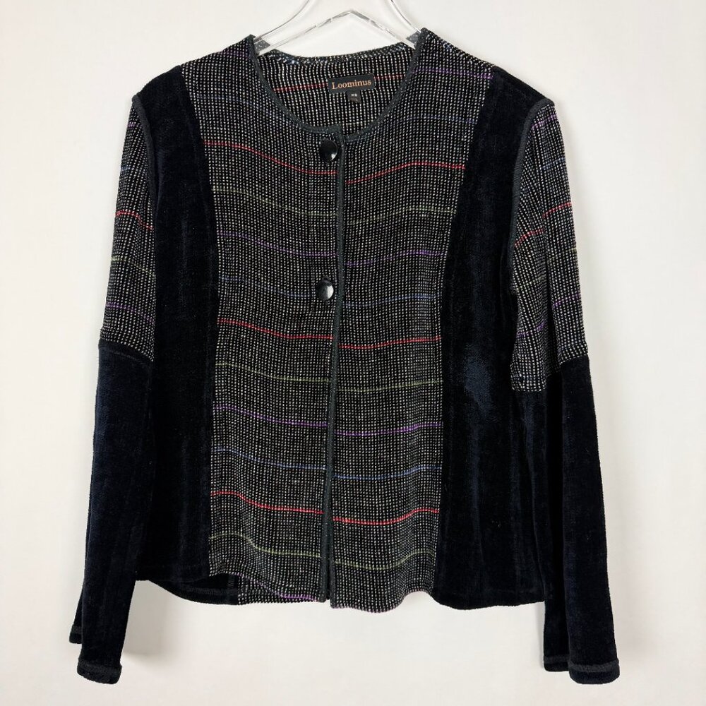 Loominus Handwovens Cardigan Women's XS Black Print Chenille Sweater Blazer